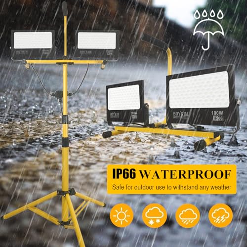 BOYKIM LED Work Light with Stand,200W 20000Lumens Portable Outdoor Flood Lights with 16ft Long Power Cord,IP66 Waterproof Adjustable Height for Construction Garage Workshop Jobsite
