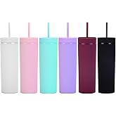 Essasea 16oz Skinny Tumblers Bulk.Matte Skinny Tumblers with Lids and Straws.Double Walled Plastic Acrylic Pastel Tumbler Cups for Iced Coffee Smoothie.DIY Slim Tumbler.