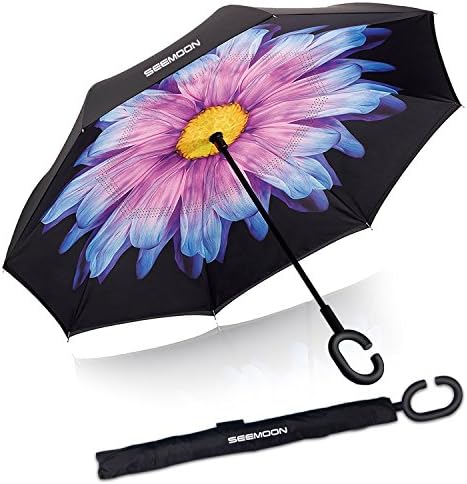 SEEMOON Automatic Inverted Umbrella Double Layer Inside Outside Windproof UV Protection Self Standing Reverse Folding Flower Pierced Umbrella With Hands Free C-Shaped PUC Handle (Purple)