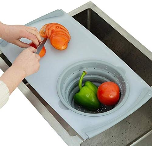 BROADSEAL Cutting Board with Colander for Kitchen, Over The Sink-2 in 1 Strainer Grippboard Chopping Board and Strainer (Grey)