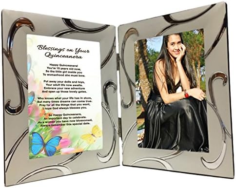 Quinceanera Gifts for Girl's Fifteenth Birthday from Mother, Father, Family Member, Friend - Sentimental Poem 4x6 Inch Silver Double Picture Frame, Nice Photo Gift for the Quinceañera Celebration
