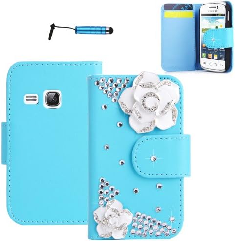 Magic Global Gadgets® Turquoise 3D Luxury Diamond Sparkly Crystal Leather Wallet Case For Samsung Galaxy Young S6310 / Young Duos S6312 / GT-S6310L Premium Stylish Protective Design Cover Pouch Holster + Card Slots / Cash Compartment With Screen Guard Protector & Mini Capacitive Stylus Pen