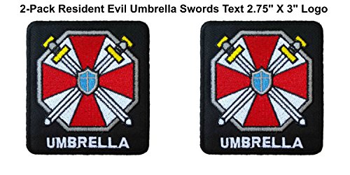 (2-Pack) Resident Evil Umbrella Corp Swords with Text Logo Iron/Sew-On Embroidered 2.75" X 3" Patch