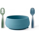 NumNum Baby Suction Bowl &amp; Spoons Set 4+ Mo, Blue/Green | Strong Non Slip Silicone Suction Bowl With First Stage Self Feeding Spoons, BPA Free Baby Feeding Essentials Set