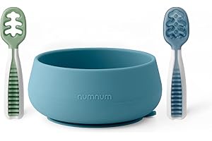 NumNum Baby Bowl & 2 Pack GOOtensils Baby Spoons, Suction Bowls for Baby 4+ Months, Extra Strong Non-Slip Suction, 100% Food-Grade Silicone, BPA-Free, Microwave & Dishwasher Safe (Blue/Green)