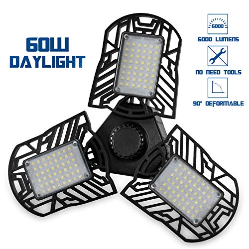 LED Garage Lights,60W E26/E27 6000LM Deformable LED Garage Ceiling Lights,Golspark LED Shop Lights,Barn Light with 3 Adjustable Panels for Garage,Warehouse,Corridor (NO Motion Activated)