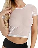 MANGOPOP Women's Long Sleeve Mesh Crop Tops Tee
