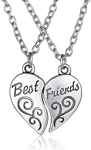 2PCs Friendship Heart Letter "BEST FRIEND" Silver Pendant Necklace Unisex Chains