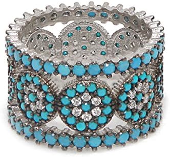 Ottoman Silver Collection925k Sterling Silver Nano Turquoise and White Cubic Zirconia Cluster Stones Eternity Band Stackable Trio Ring Set for You,Mom and for Your Beloved
