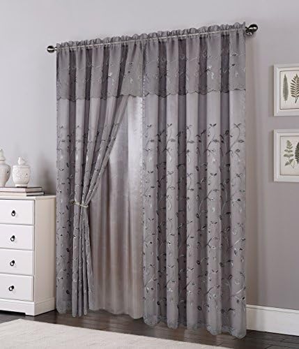 Lucy Floral Embroided Panel, Valance & Liner SET Window Curtain Panels 54" x 84" (Set of 2) GREY