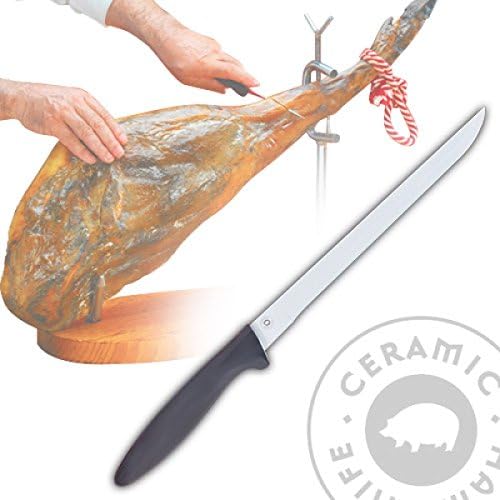 Ceramic Ham Knife "23 x2cm" Blade, Greater Flexibility Unique Gliding Ergonomic Handle-Black Handle and White Blade