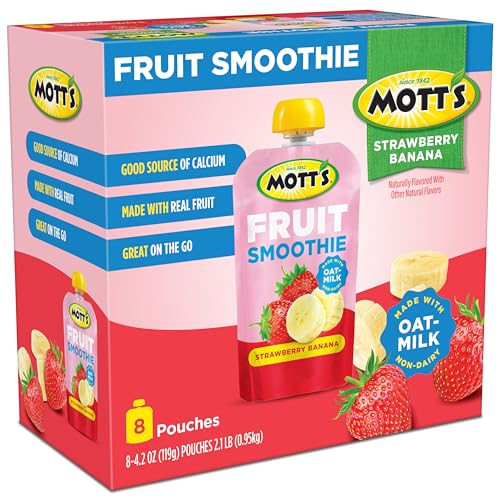MOTT’S FRUIT SMOOTHIES STRAWBERRY BANANA, 4.2 OZ CLEAR POUCHES, 8 PACK, NON-DAIRY, MADE WITH OATMILK, MADE WITH REAL FRUIT, GOOD SOURCE OF CALCIUM, ON-THE-GO