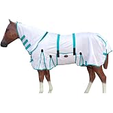 HILASON Horse Fly Sheet UV Protect Mesh 75 in White Turquoise | Poly/nylon mesh, double front buckle, adjustable leg straps, neck and belly closures, gussets for movement