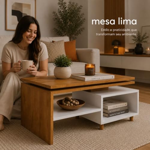 Mesa de Centro Lima multiuso para Sala de Estar com Nicho Organizador e Prateleira Decorativa – Design Moderno e Funcional.