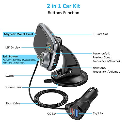 Comsoon Bluetooth FM Transmitter & Magnetic Phone Car Mount, 2 in 1 Car Kit with Quick Charge 3.0 + 5V/2.4A Smart IC Dual USB Car Charger, 360° Rotatable Dashboard Cell Phone Holder - Thumbnail 7