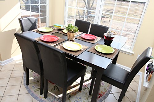 7 pc Espresso Leather Brown 6 Person Table and Chairs Brown Dining Dinette - Espresso Brown Parson Chair