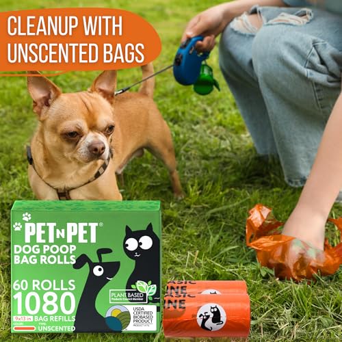 PET N PET 1080 Count Poo Bags Dogs USDA Certified 41% Plant based 72 Thick Dog Poop Bags Rolls 9x13 Leak-Proof Orange Unscented
