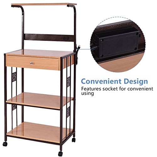WATERJOY Bakers Rack Microwave Cart, Supreme 3-Tier Rolling Kitchen Microwave Oven Stand Storage Cart | Power Strip | Brown Metal Frame