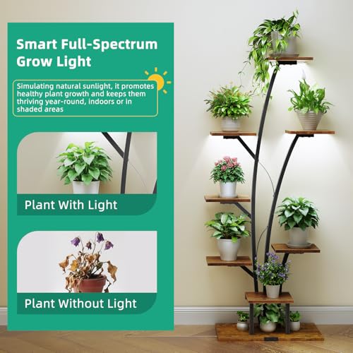 Kalrin 8-Tier Plant Stand Indoor with Grow Lights, 63" Tall Lighted Corner Plant Stands for Indoor Plants, Metal Plant Flower Display Shelves, Plant Shelf Plant Rack for Home, Living Room (Brown)