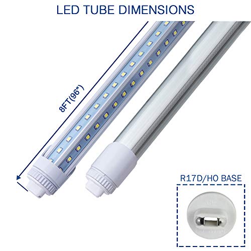 8Ft LED Light Tube, 72W 7200Lm 6500K,R17D/HO Base 270 Degree V Shape LED Chip Bulbs, Dual-End Powered, Ballast Bypass, Fluorescent Replacement, Clear Cover - 4 Pack