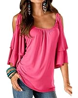 Ellies Women's Summer Cold Shoulder Ruffle Sleeve Loose Stretch Tops Tunic Blouse Shirt