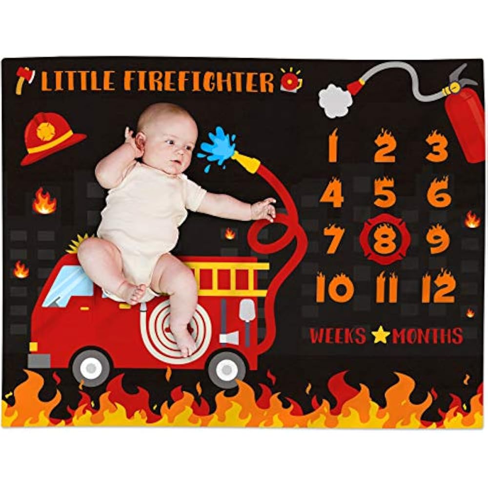 Fire Truck Baby Milestone Blanket For Boy Little Firefighter Monthly