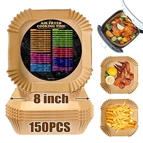 Air Fryer Disposable Paper Liner Square, 8 Inch Air Fryer Liner 150PCS, Non-stick Parchment Paper Pads Oil Resistant, Waterproof, Food Grade Baking Paper for Roasting Microwave