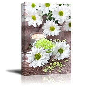 Canvas Prints Wall Art - Spa Therapy Concept Green Bath Salt with Candle and Flowers | Modern Wall Decor/Home Decoration Stretched Gallery Canvas Wrap Giclee Print & Ready to Hang - 18" x 12"