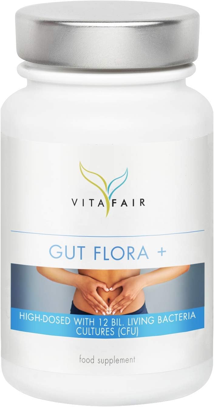 VITAFAIR Gut Flora + - 60 Caps Balanced Dose, Vegan, No Additives, Lab-Tested, German Quality - Top 6 Strains with Zinc & Inulin - Natural Gut Health Aid for Men & Women
