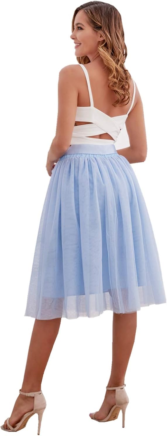 Joeoy Women's Elastic Waist Ballet Layered Princess Mesh Tulle Midi Skirt at  Women’s Clothing store