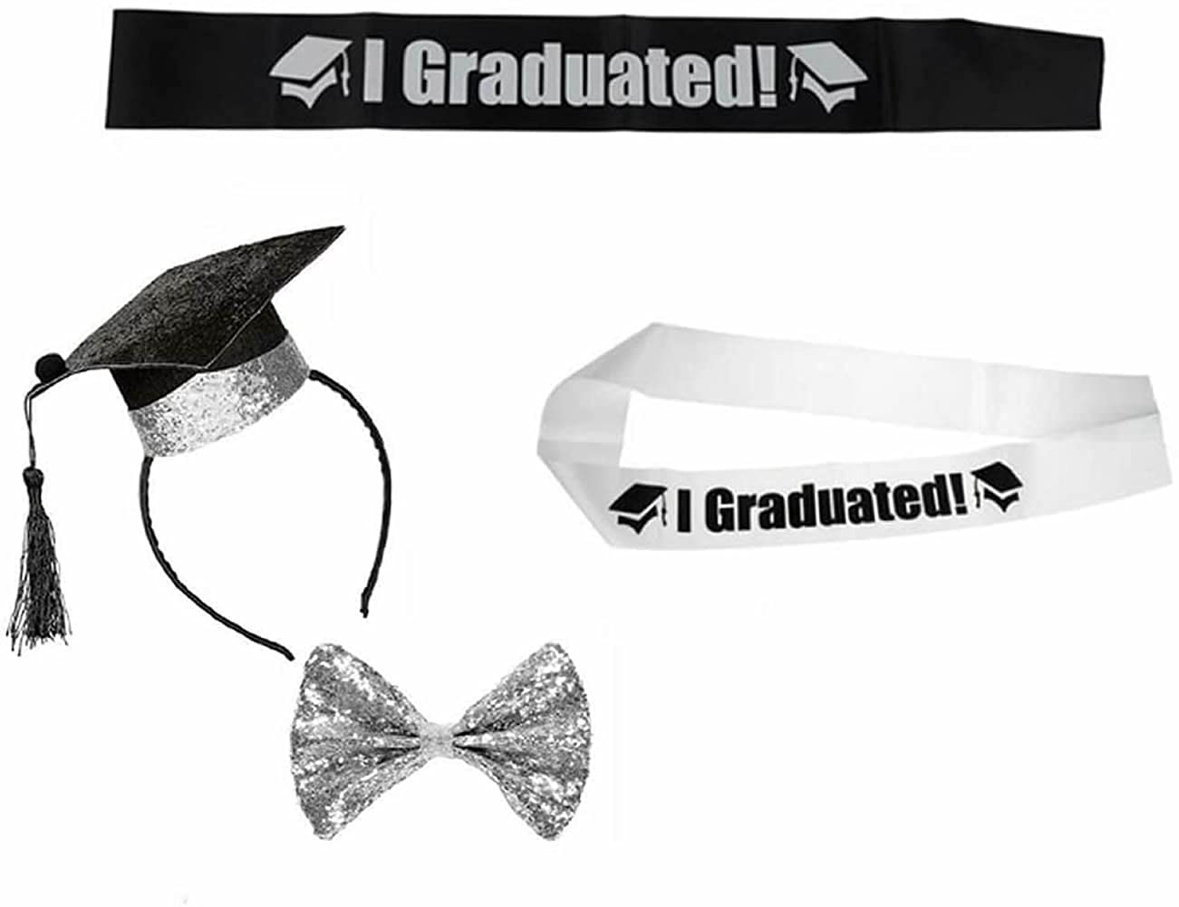 Dusenly 4pcs I Graduated Sash with Graduation Cap Headband Grad Cap Head Bopper with Necktie Sash Graduation Party Costume Supplies