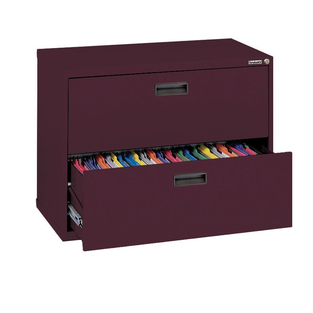 Sandusky 400 Series Burgundy Steel Lateral File Cabinet with Plastic Handle, 30" Width x 27-1/4" Height x 18" Depth, 2 Drawers