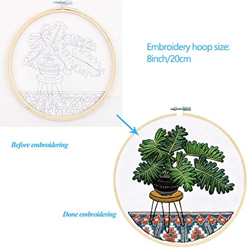 Embroidery Starter Kit with Pattern, Mikimiqi Full Range of Stamped Embroidery Kit Including Embroidery Cloth with Floral Pattern, Bamboo Embroidery Hoop, Color Threads and Tools Kit (Pot Plant)