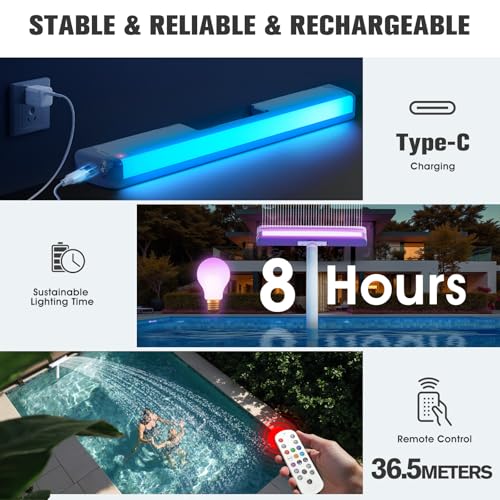 KingSom Pool Fountain with Coloured Lights, Rechargeable Waterfall Pool Fountain with Buttons and Remote Control, 10000 mAh Light Source for Above and Buried Pools, Water Fountain-Violet