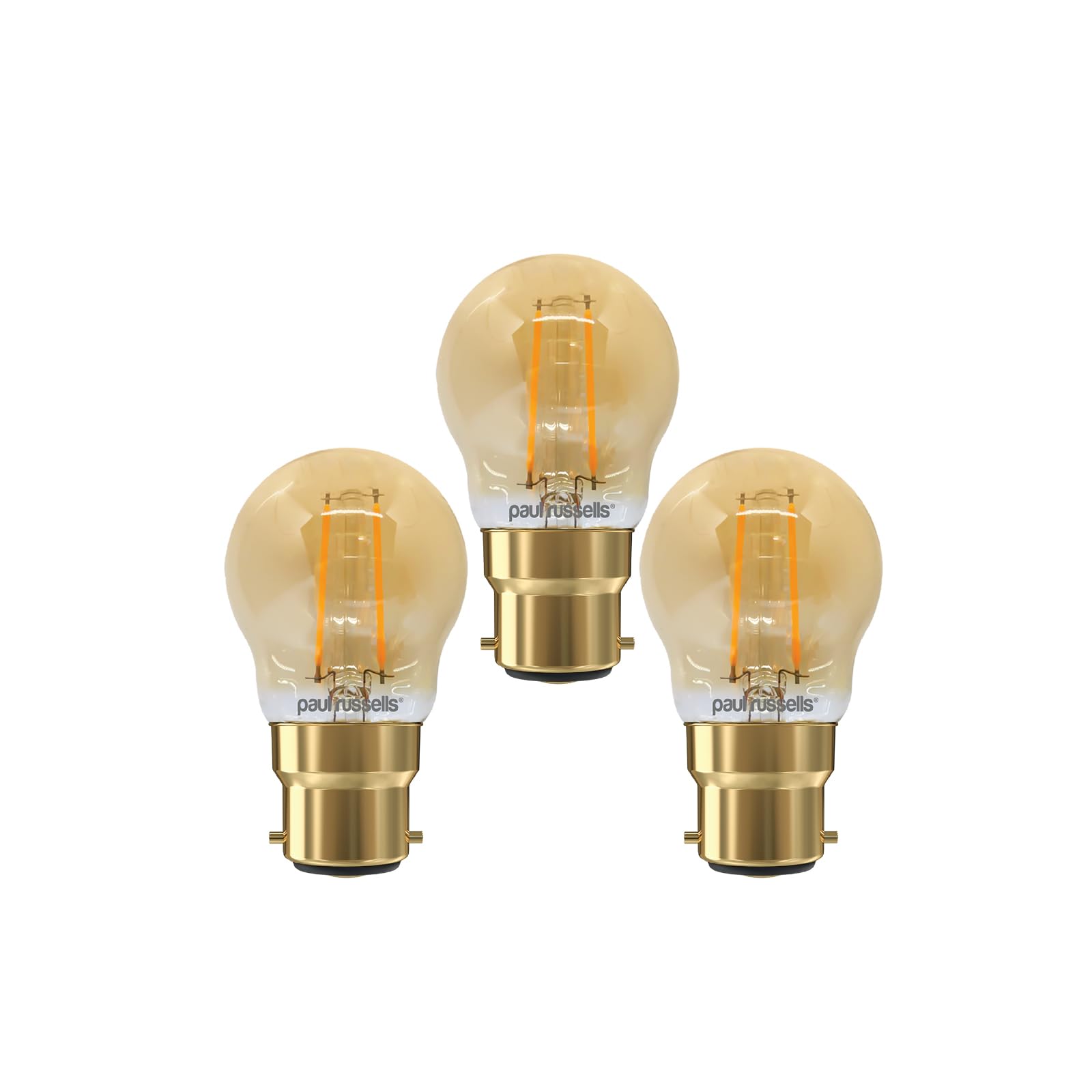 Paul russells LED Filament Golf Ball Light Bayonet Cap B22, 20W Equivalent G45 Bulbs, 2.5W 200LM LED 2200K Amber Lamps, Home Ceiling Chandelier Energy Saving Non-Dimmable Lightbulbs, 3 Pack