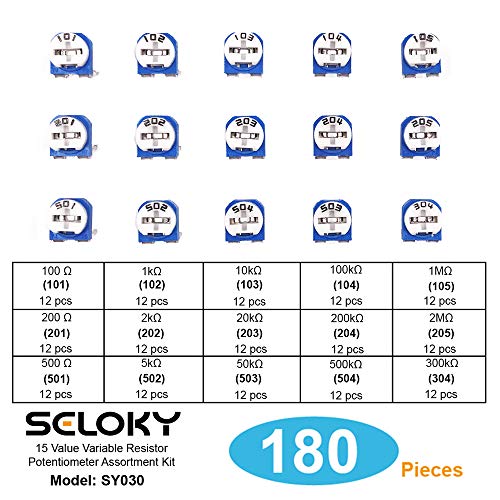 Seloky 180 Pcs 15 Value 100 ohm- 2M ohm Trimpot Variable Resistor 6mm Potentiometer Assortment Kit