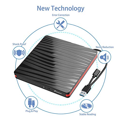 Foxnovo External CD Drive with USB 3.0 & Type-C Interface for DVD-ROM/DVD±R/DVD-R DL/CDA/CD-ROM/CD-R/VCD/SVCD/CD-RW, High Speed Data Transfer Drive for Windows XP/2003/Vista/7/8.1/10, Linux, Mac OS