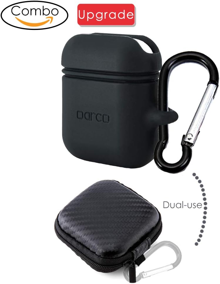 Oarco 1x Premium Quality Sport Shock Resistant Silicone Case for Apple AirPods+1x Strap with Magnetic Adsorption+1x Shockproof Carring EVA Case with Carabiner, Airpods Skin Cover Protective, Black