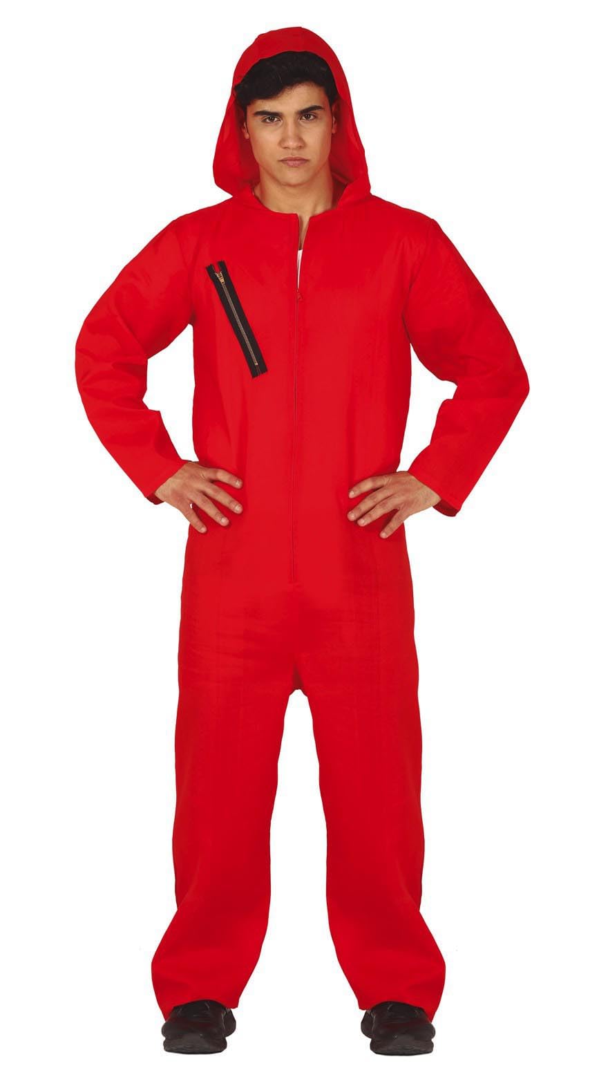 FIESTAS GUIRCA | Adult Convict Fancy Dress Costume (38-40/M) - Hood and Jumpsuit - Prisoner and Thief Costumes for Halloween, Carnival and Movie Parties - Ideal for Adults - Red