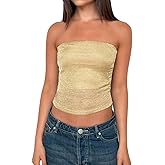 GCZREN Women Sexy Sheer Mesh Strapless Metallic Crop Tube Tops Y2K Glitter Stretchy Going Out See Through Bandeau Tops