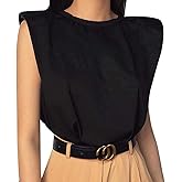 Women's Summer Sleeveless Tank Top Shoulder Pad Shirt Vest Solid Loose Blouse Crew Neck Cami Shoulder Pad T-Shirts