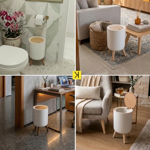 Lixeira Retrô De Plástico Resistente Com Tampa Click Pés Estilo Madeira 8L Branca Para Diversos Ambientes