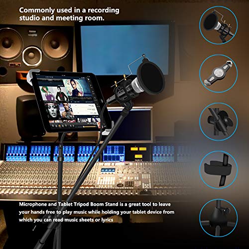 Microphone and Tablet Tripod Boom Stand Kit, Kasonic 2-in-1 Adjustable Studio Mic Stand with Tablet Holder Suitable for 7 to 12 Inch iPad and Tablet