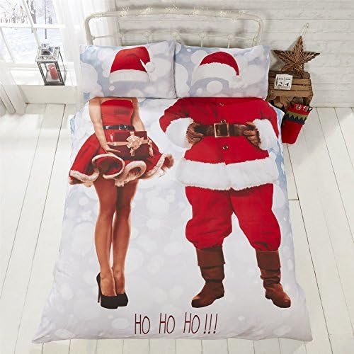 CHRISTMAS SELFIE MR&MRS SANTA CLAUS RED COTTON BLEND USA FULL (COMFORTER COVER 200 X 200 - UK DOUBLE) (PLAIN WHITE FITTED SHEET - 137 X 191CM + 25 - UK DOUBLE) 4 PIECE BEDDING SET