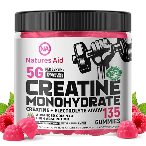 Natures Aid Creatine Monohydrate Gummies (5g) – Pre-Workout Energy & Muscle Growth Support for Men & Women | Raspberry Electrolyte Gummies (135 Count)