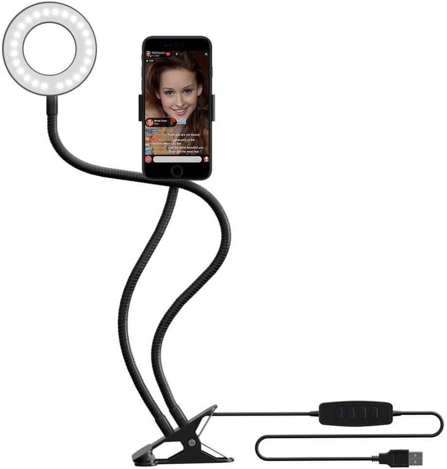Selfie Ring Light with Cell Phone Holder for Live Stream,[360 Rotating] Flexible Long Arms Gooseneck Mount, Clamp on Lazy Bracket with LED Selfie Light for Mobile iphone 7,6/plus,Samsung,HTC,HUAWEI