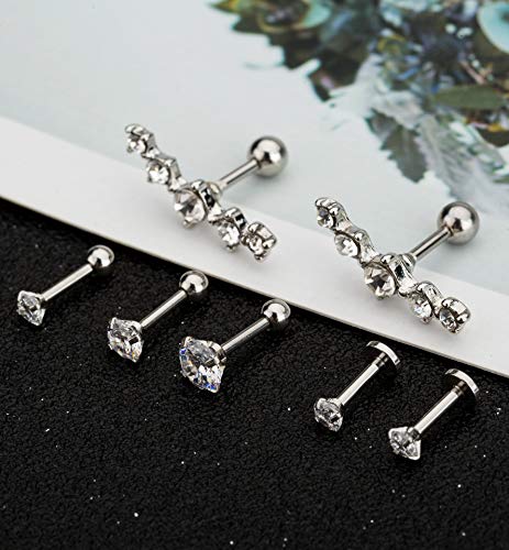 YOVORO 7Pcs 16G Stainless Steel Cartilage CZ Stud Earrings for Women Girls Helix Tragus Daith Piercing Jewelry S1
