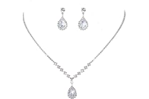 CIEHER Silver 2/3 Pieces Women Jewelry Set - Drop Necklace + Crystal Teardrop Dangle Earring Clips, Crystal Clip On Earrings Silver Non Pierced
