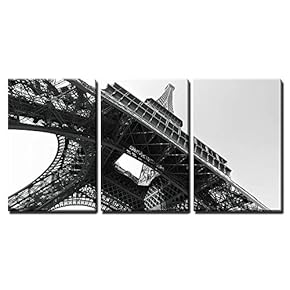3 Piece Canvas Wall Art - Eiffel Tower, Paris, France. Black and White Image - Modern Home Art Stretched and Framed Ready to Hang - 16"x24"x3 Panels