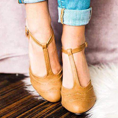ZOMUSAR Shoes for Women, Womens Fashion Pumps Thick Heel T Type Straps Buckle Beach Shoes Roman Sandals Yellow